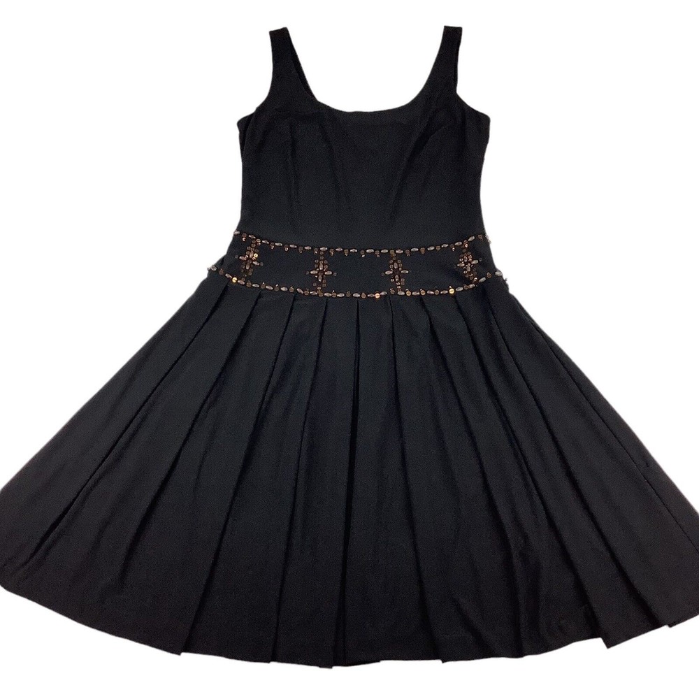 Talbots Women's 10 Petite Black Pleated A Line Sleeveless Dress Sequins Beaded